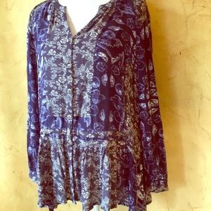 Free people mixed print blue soft boho blouse.